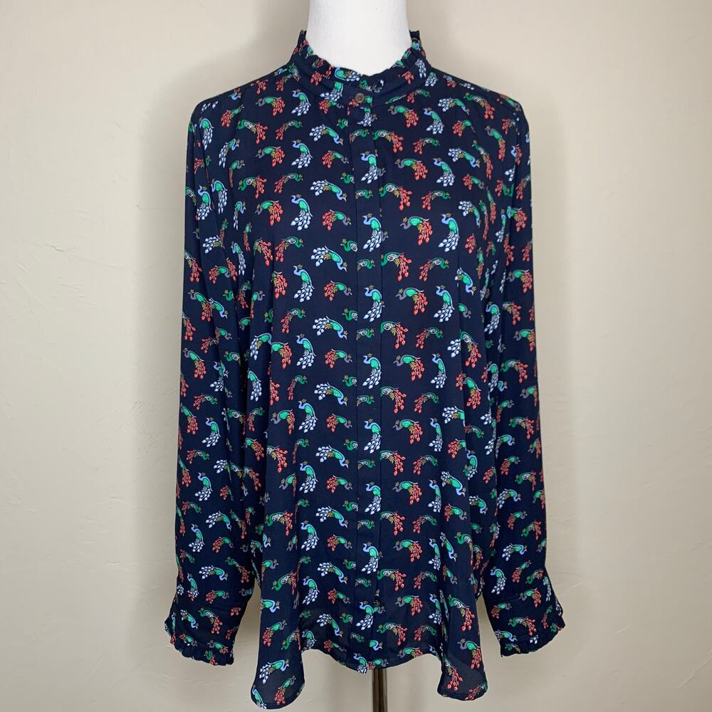 LOFT Navy Blue Peacock Print Chiffon Blouse Sz Large